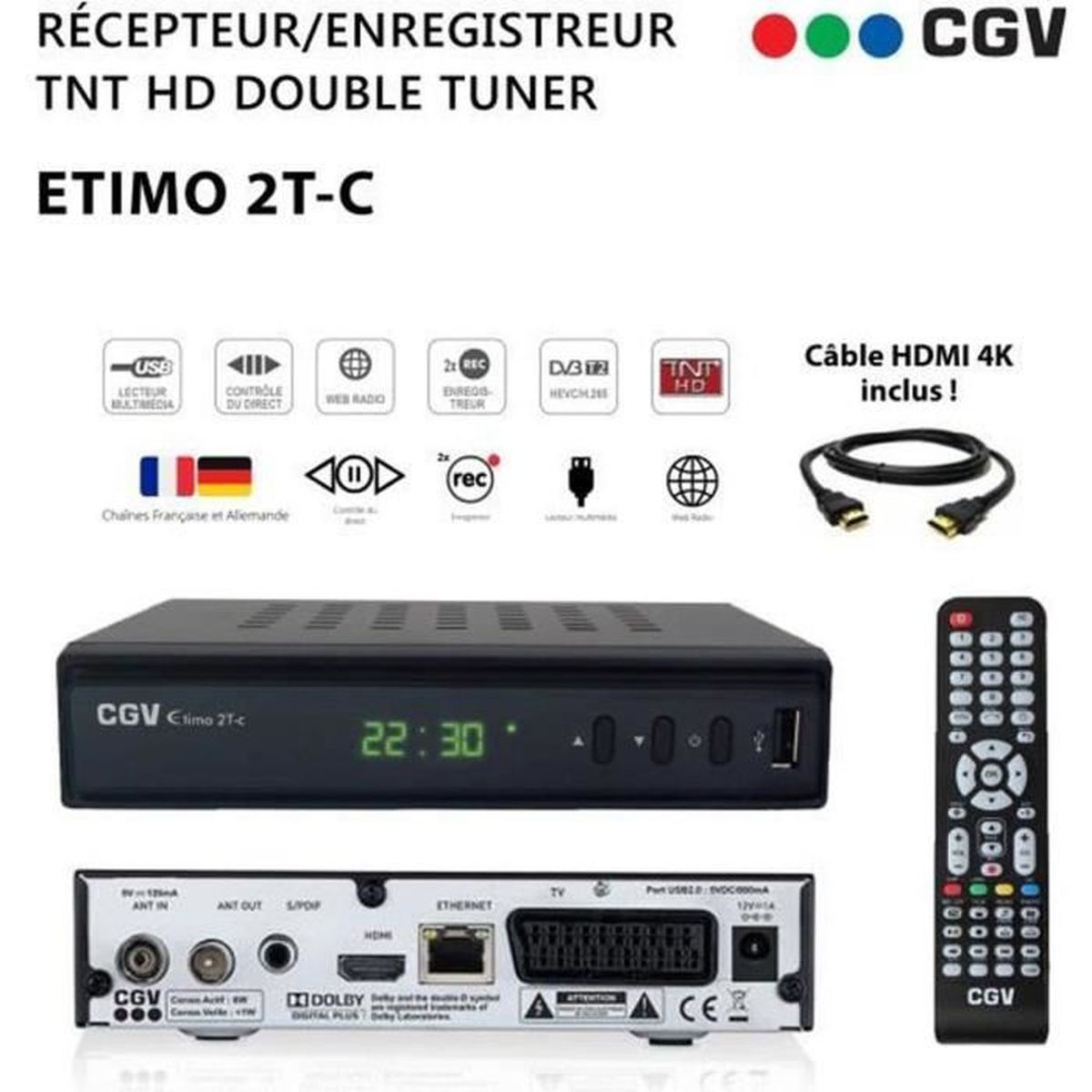 CGV Etimo 2T-c HD Digital Terrestrial Television Receiver/Recorder/Decoder with Dual Tuner + 4K HDMI Cable - French & German Digital Terrestrial Television Channels