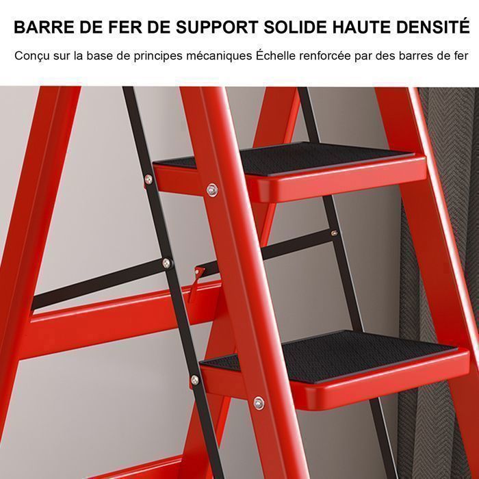 Seven Comfort-Escabeau 5 marches-Pliant-Stabilité et sécurité optimales-chargé 150KG-En Acier-Rouge