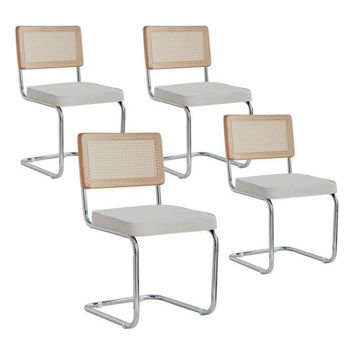 Lot de 4 chaises - DOWISDOLY - Chaises de Salle à Manger - Rotin et métal - Toison blanche