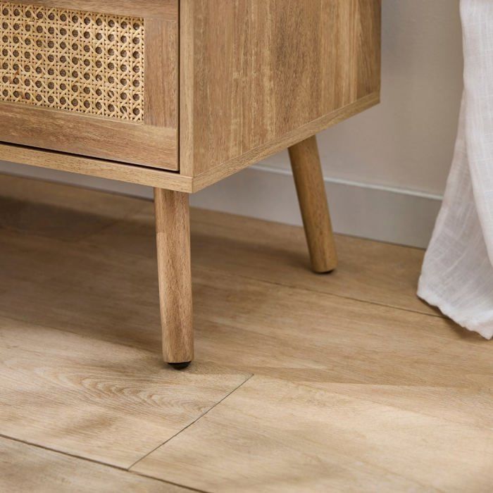 CALICOSY - Cómoda de 6 cajones con frentes de ratán natural, 120 cm de ancho, PALMO - Madera clara