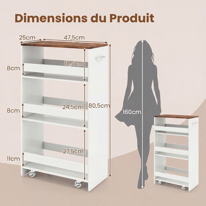 GIANTEX Desserte de Cuisine Étroit à Roulettes avec Freins-47,5x25x80,5cm-Chariot de Service à 4 Niveaux avec Poignée-Blanc + Marron
