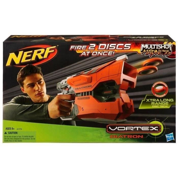 Nerf Diatron Disc Blaster - Spara 2 dischi alla volta - Ricarica rapida - 8 dischi inclusi