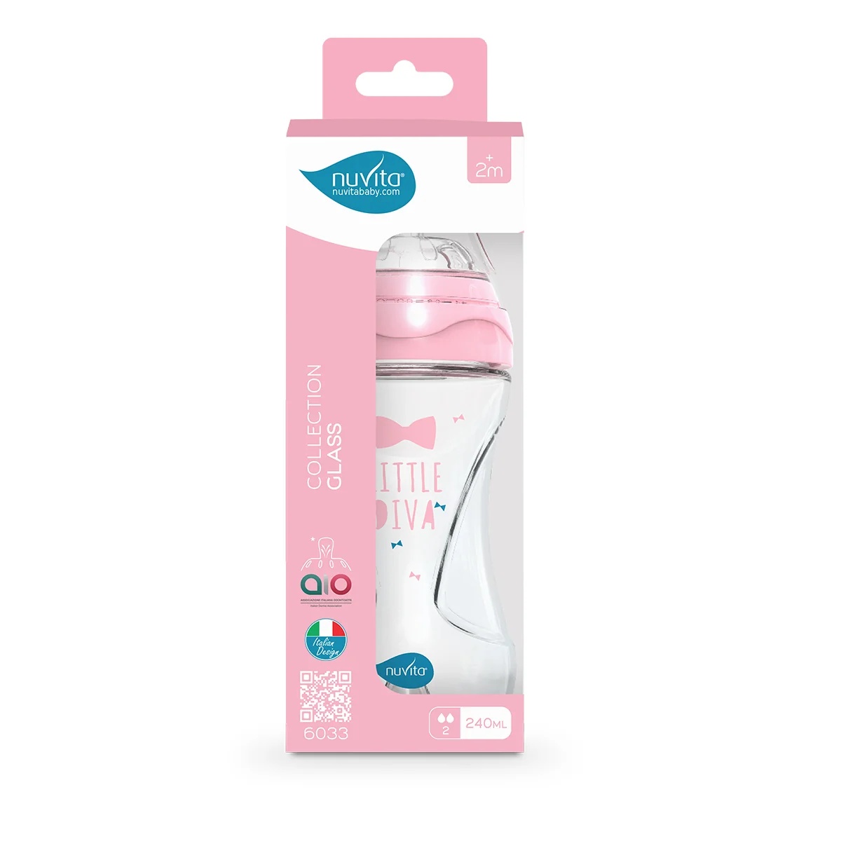 NUVITA Glazen babyfles uit de Nuvita collectie met anti-koliekventiel, 240 ml, roze