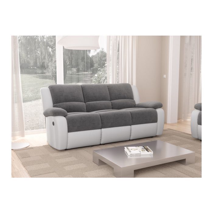 Canapé de Relaxation électrique 3 places Microfibre et Simili LEO - Blanc et gris - L193 x 93 x 96cm - LOUNGITUDE