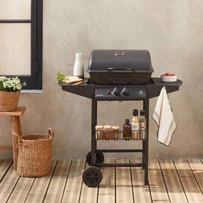 Barbacoa de gas Aramis - Cocina exterior de 2 quemadores con estantes laterales y termómetro