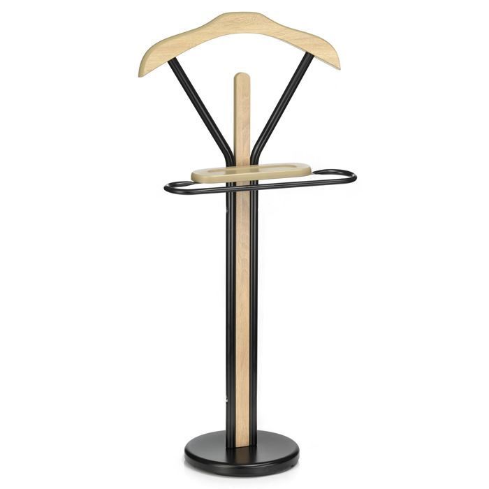 Valet de chambre MATTEO chevalet de nuit portant pour vêtements, structure en métal et en bois laqué couleur noir et chêne sonoma