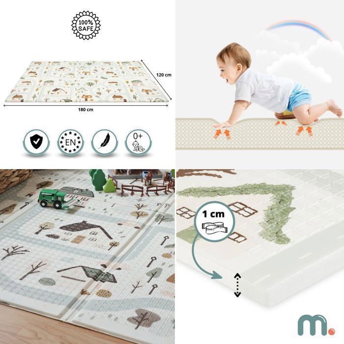 Alfombra de juegos de espuma para bebés Mamabrum, 180 x 120 cm, doble cara, fácil de limpiar, impermeable, plegable con bolsa de almacenamiento.