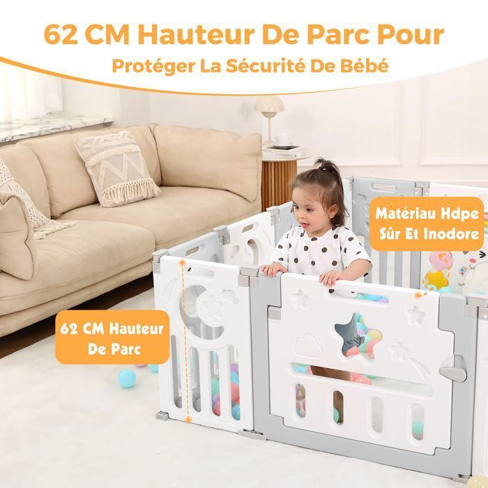 Baby Playpen 16+2 Panels, XXL Modular Playpen with Safety Lock, Adjustable Shape, Foldable, Baby Gate, Grey