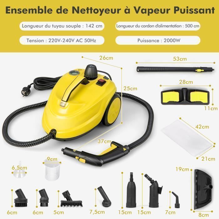 Nettoyeur Vapeur Polyvalent 2000W COSTWAY pour Punaises de Lit-5 BAR-15 Accessoires et Manomètres-Réservoir 1,8L-160°C-4 Roue-Jaune