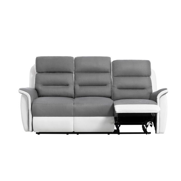 Sofá reclinável de 3 lugares LÉON em microfibra e couro sintético - Branco e cinza - L191 x P94 x A100cm - LOUNGITUDE