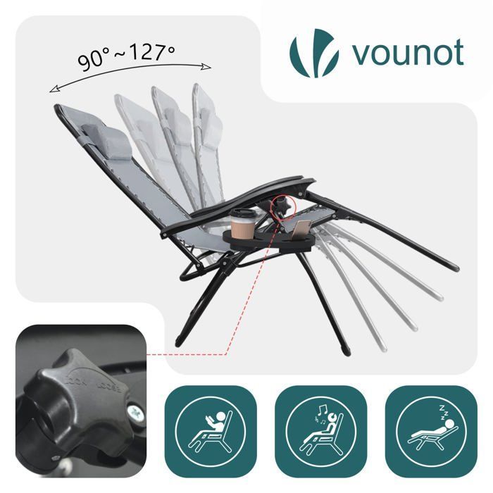 Tumbona reclinable plegable VOUNOT® de Textilene con portavasos - Carga máxima 120 kg - Gris