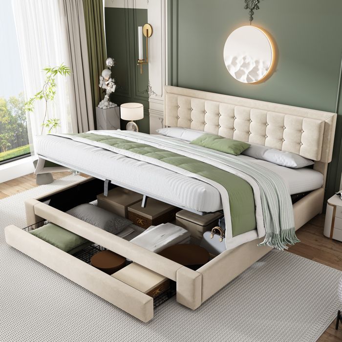 Lit coffre double 180x200cm en velours avec grand tiroir, Décor avec boutons, Sommier à lattes inclus, Style scandinave, Beige