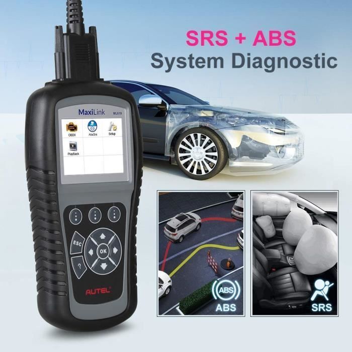 Herramienta de diagnóstico para automóviles Autel MaxiLink ML619 con funciones OBD2 completas y lector de códigos OBD2 en francés.