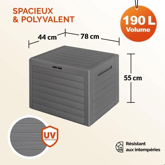 Coffre de Jardin Casaria® Exterieur 190 L Gris - Caisse de rangement étanche - Malle avec poignées latérales pour Balcon