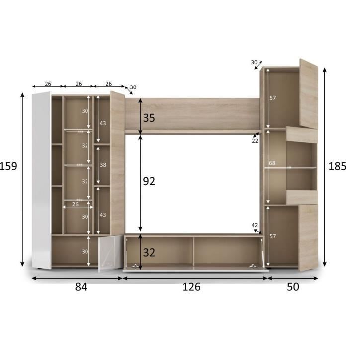 Mueble de TV ESSENCIAL con iluminación LED blanca clásica de alto brillo y acabado en roble - 260 cm de ancho
