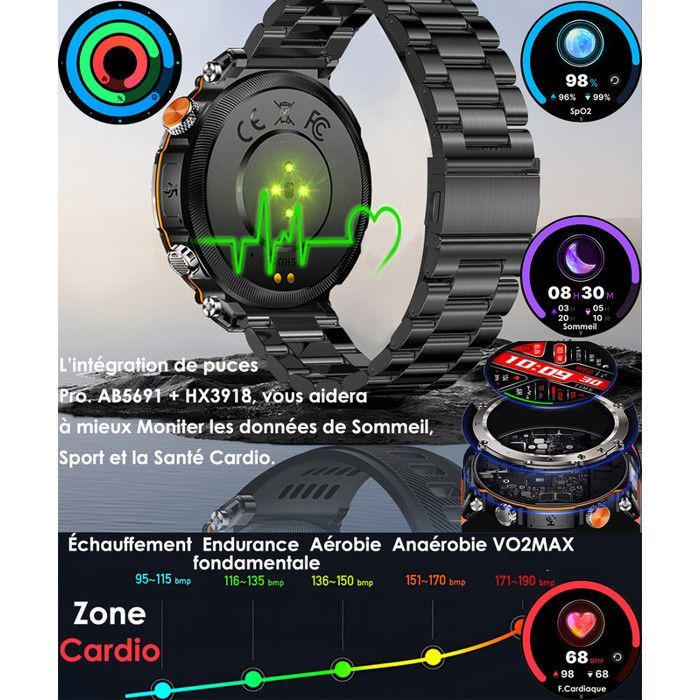 Smartwatch masculino de 1,7 polegadas, 3 pulseiras (aço, couro e silicone), coroa digital, função de chamada, bússola, SOS, sirene, 2 LEDs, branco fluorescente, 600mAh
