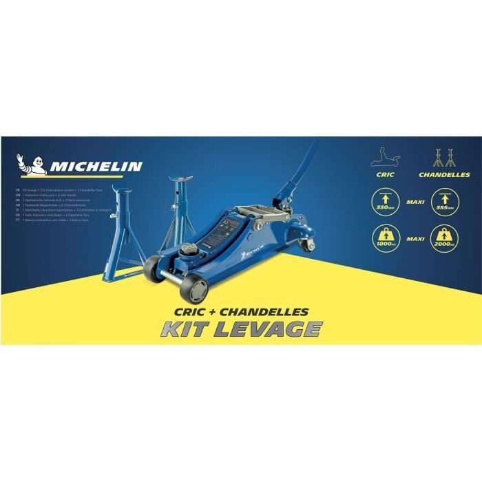 Gato hidráulico rodante de 1,8 T + 2 soportes de eje de 2 T - MICHELIN - Altura de elevación del gato: 105-350 mm - Altura de elevación del soporte de eje: 266-355 mm