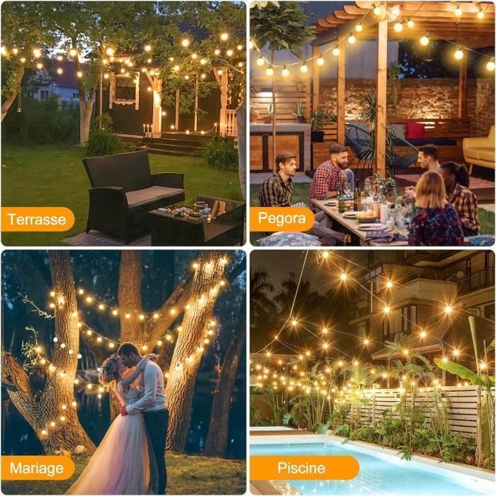 Luci solari da esterno a stringa da 30 m con 50+2 LED G40, impermeabili IP65, con telecomando RF per giardino, feste, patio e cortile.