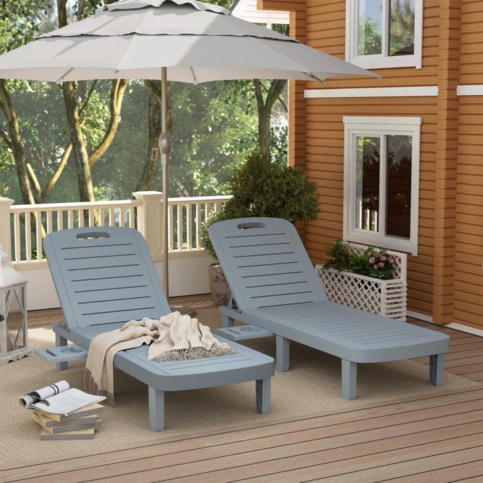 2er-Set Sonnenliegen – Outsunny – verstellbar – mit ausziehbaren Plattformen – Oberfläche in Holzoptik – 62 x 158 x 88 cm – grau