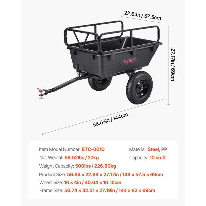 Remolque basculante VEVOR 283L - Remolque para tractor cortacésped - Jardín - Polietileno - Capacidad de carga 226,8 kg