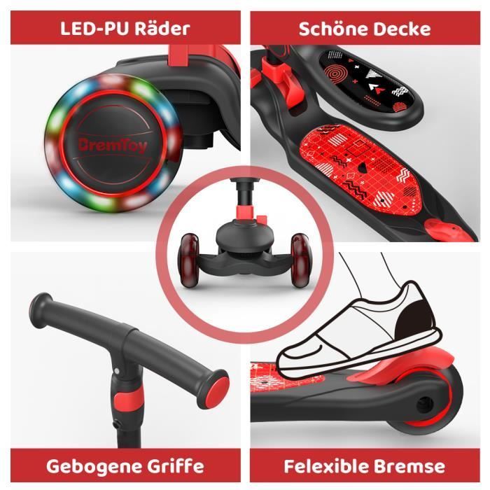 BremToy Kids Scooter with 360° Swivel Seat, LED Wheels, Height-Adjustable Handlebar, Foldable for Children, Red