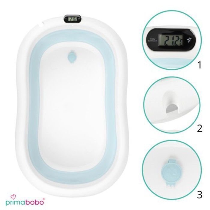 Vaschetta da bagno pieghevole Primabobo Premium per neonati, 79 cm, blu, con cuscino e supporto, e termometro.