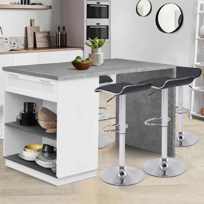 IDMARKET VITO 130cm White Standing Kitchen Island with Concrete Effect Top, 4-Person Bar Table, White Finish