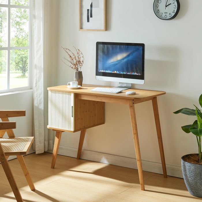 Scrivania Tysvær in bambù, 75 x 105 x 48 cm, naturale/bianco crema