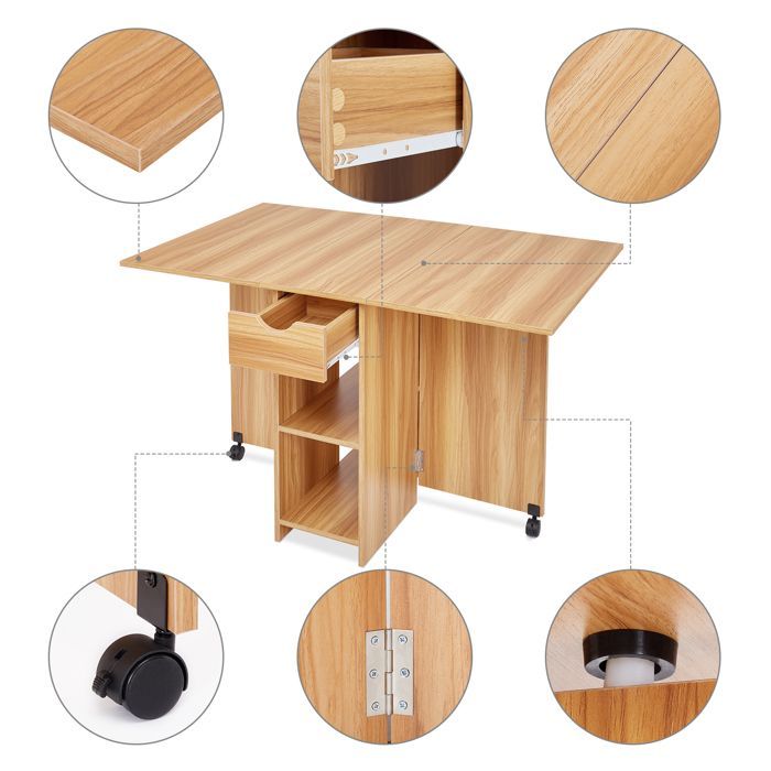 Mondeer Table à Manger Pliable, Table pliante avec 1 Tiroir et 2 Etagères,Table de Cuisine Pour Petit Espace, Chêne Rouge