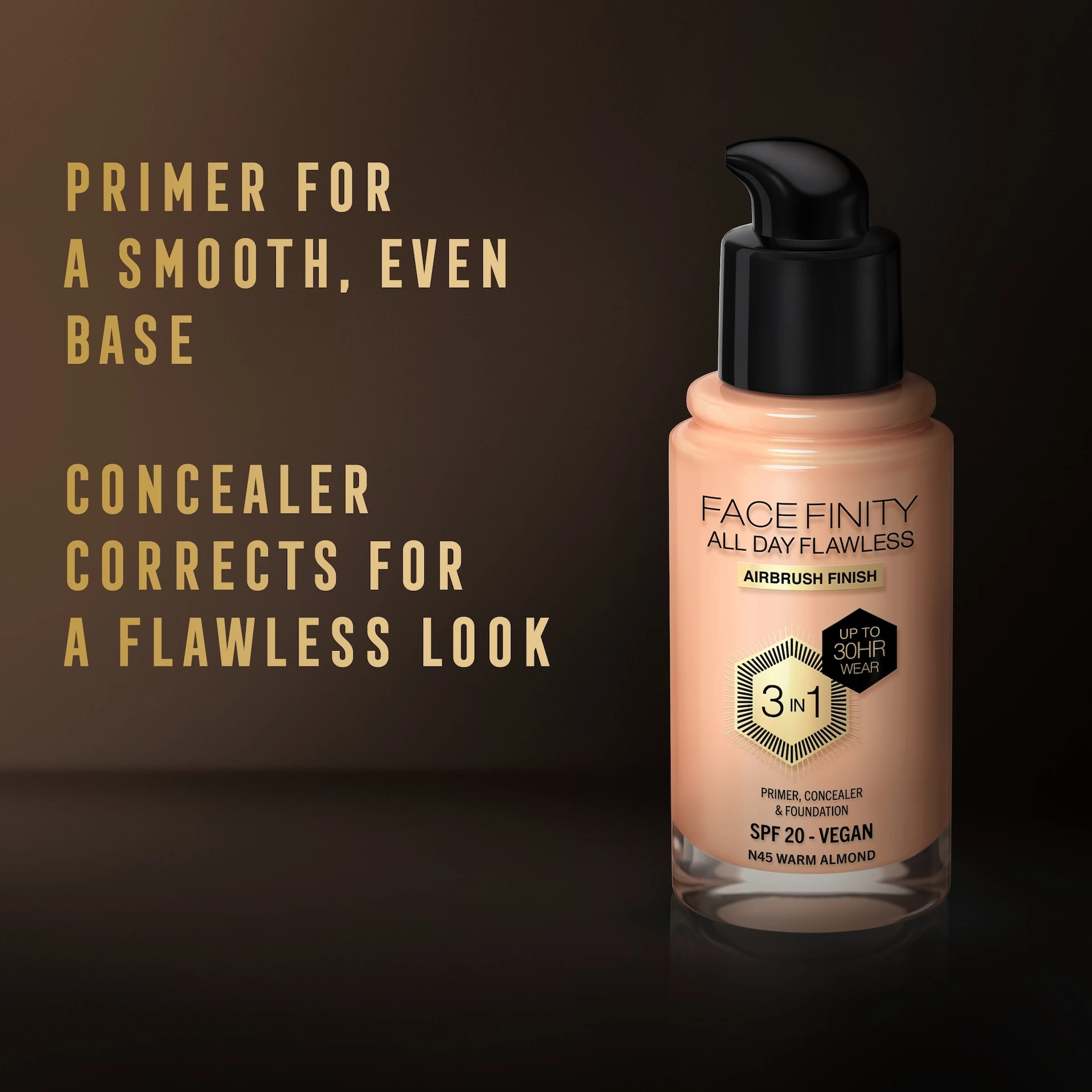 Fond de ten Facefinity All Day Flawless 3 în 1, 45 Warm Almond - Max Factor
