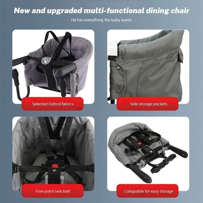 Seggiolino pieghevole per bambini con clip antiscivolo e tasca portaoggetti, adatto per tavolo da pranzo, campeggio, 6-36 mesi