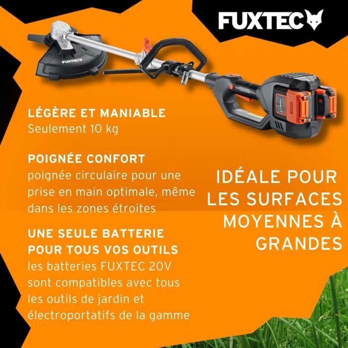Desbrozadora inalámbrica FUXTEC FX-E2MS con 2 baterías de 20 V y 2 Ah, cargador doble de 2,4 A incluido, hilo y cuchilla, ancho de corte de 25,5 a 35 cm.