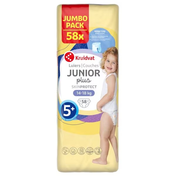 Kruidvat 5+ Junior Plus plienky Jumbo balenie<br>veľkosť 5+ (11-18 kg), 58 kusov