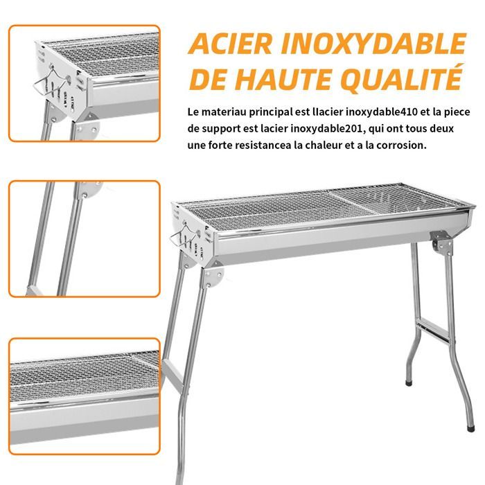 Barbacoa portátil INN® de 73 x 32,5 cm para 3-10 personas, de acero inoxidable 410, para carbón, con parrilla, ideal para acampar.