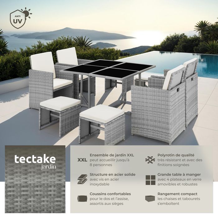 ENSEMBLE TABLE CHAISE DE JARDIN - TECTAKE - Salon de jardin BILBAO 4 à 8 personnes Pliable housse de protection incluse - Gris Clair