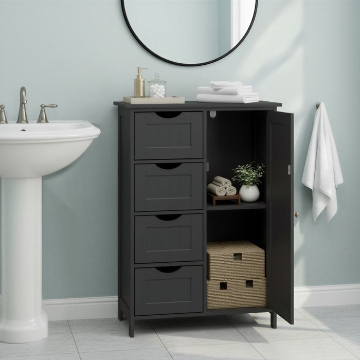 Badezimmerschrank, platzsparend, Kommode mit 4 Schubladen, Schrank mit Tür, verstellbarem Einlegeboden, 30 x 55 x 82 cm, Schwarz