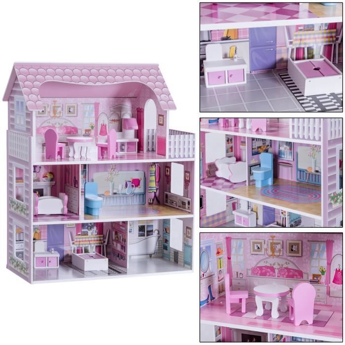 GIANTEX 3-verdiepingen tellend houten poppenhuis met accessoires, 5 delen: keuken, slaapkamers, badkamer, woonkamer, cadeau voor kinderen