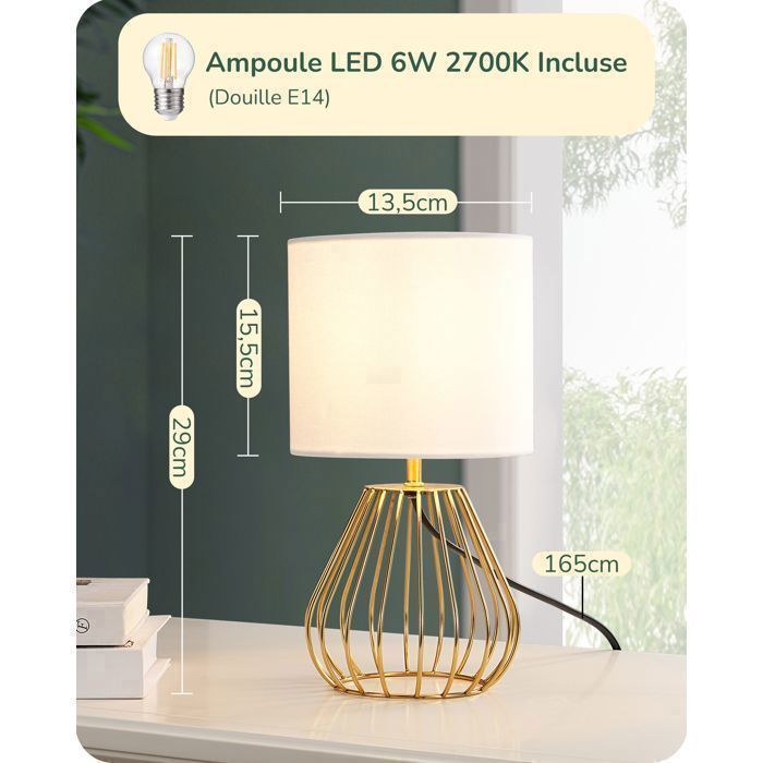 Lámpara de mesa EDISHINE, metal dorado y lino blanco, bombilla LED E27 de 2700 K incluida, 29 cm de altura.