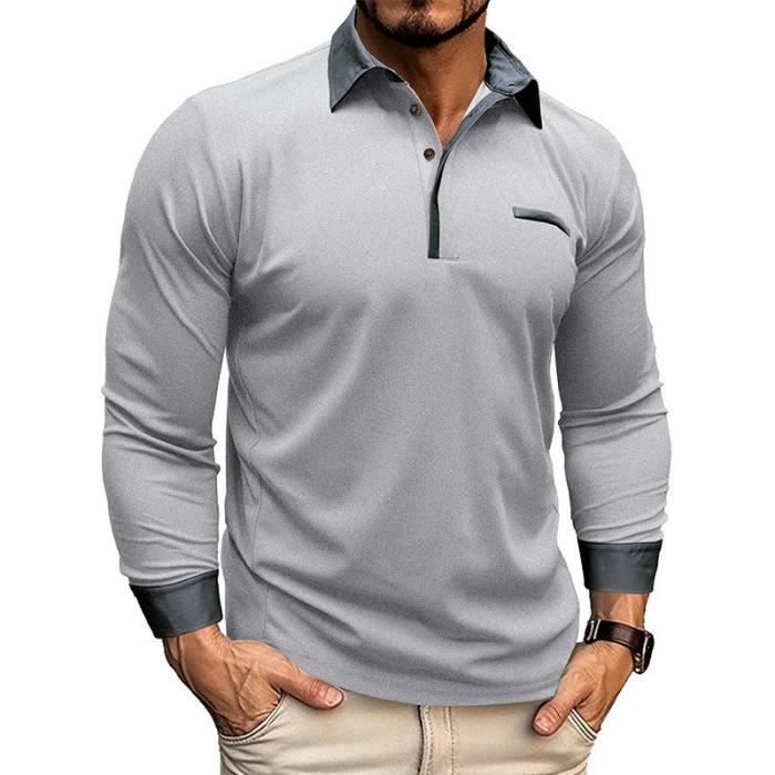 Men's Regular Fit Contrast Long Sleeve Polo Shirt for Spring and Autumn - EU Size - Light Grey