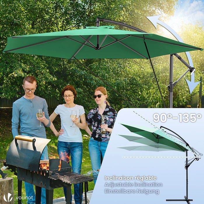 VOUNOT® Parasol déporté inclinable avec sangle de fixation 3M Vert - Rotatif 360° - Inclinaison réglable - Housse de protection