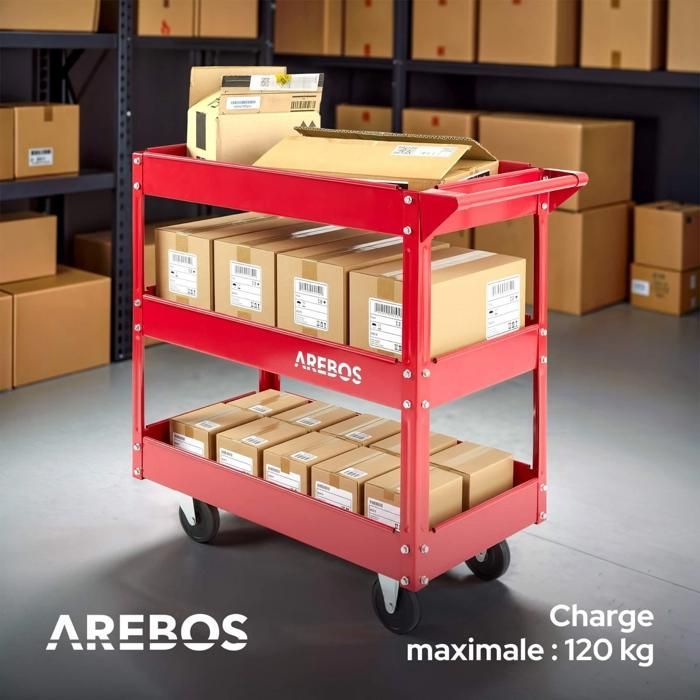 Carro de taller AREBOS de acero reforzado con 3 niveles de almacenamiento, capacidad de 120 kg, ruedas giratorias y fácil montaje.