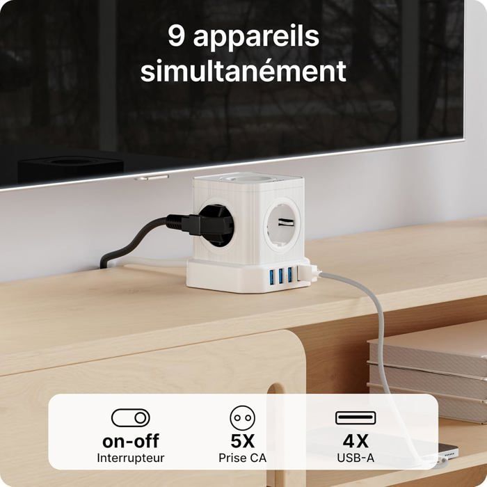 Prelungitor cubic 9 în 1 cu USB, 5 prize UE, 3 porturi USB-A și 1 port USB-C, 4000 W, cu întrerupător și cablu prelungitor de 2 m