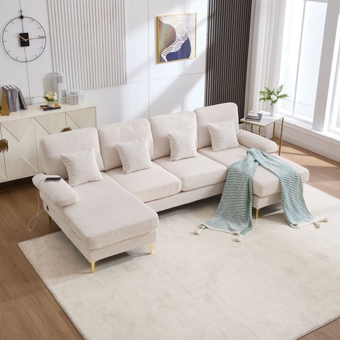 Divano letto angolare panoramico a forma di U, 4 posti con illuminazione a LED, 4 cuscini, struttura in legno massello - Velluto a coste beige