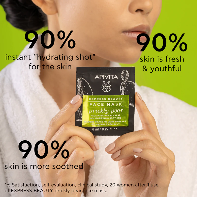 Máscara facial hidratante Apivita Express Beauty com aroma de figo da Índia e propriedades hidratantes.