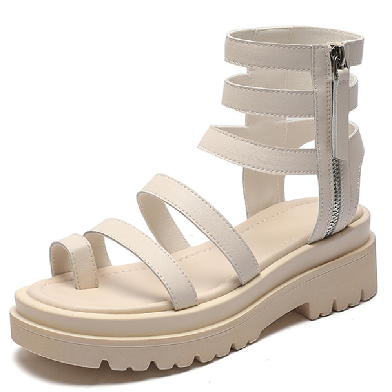 Sandales pour femmes en cuir véritable, collection été 2021, sandales romaines à plateforme et fermeture éclair latérale.