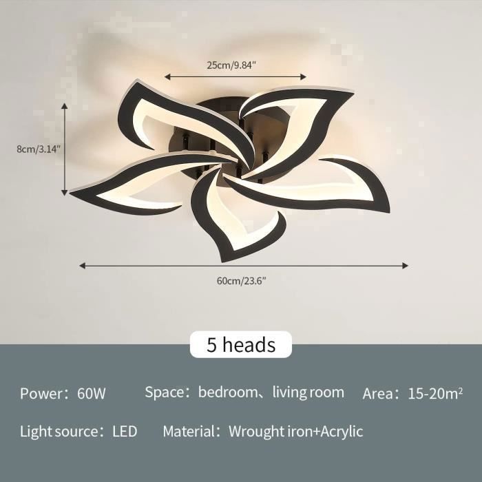 DORLINK Plafonnier LED Noir 5 Têtes 60W 4700LM Réglable 3000-6500K Lampe de Plafond Moderne pour Salon Chambre Salle à Manger