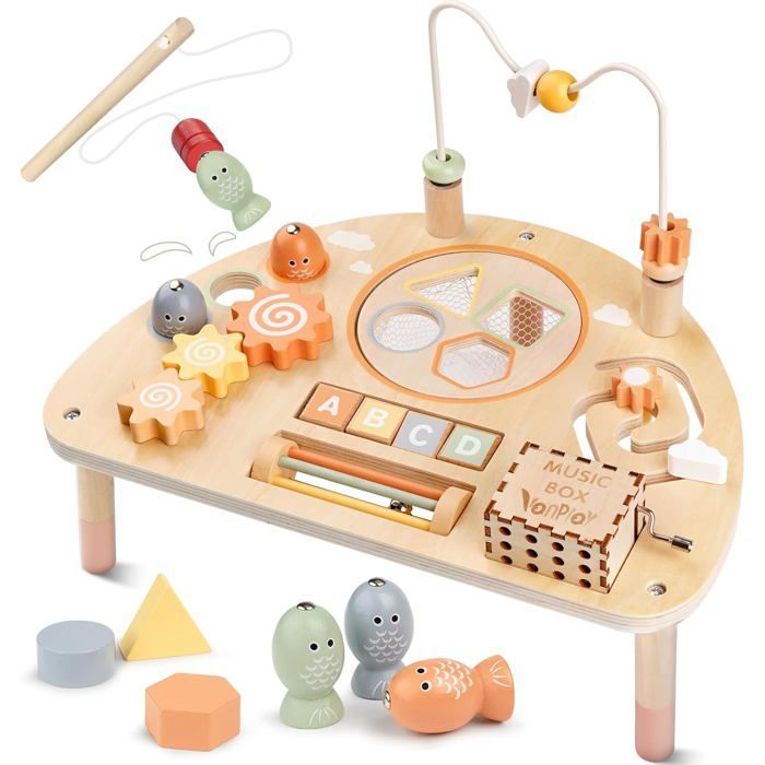 Mesa de atividades de madeira para bebês - ZUUKO - Montessori - Labirinto de contas - Classificador de formas - Oitava musical