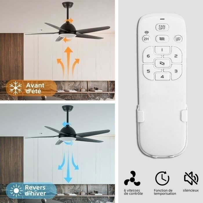 Ventilateur Plafond avec Lumiere Réversible, 52 Pouces avec Moteur à Courant Continu et Télécommande, Noir, 5 Pales, Salon Chambre