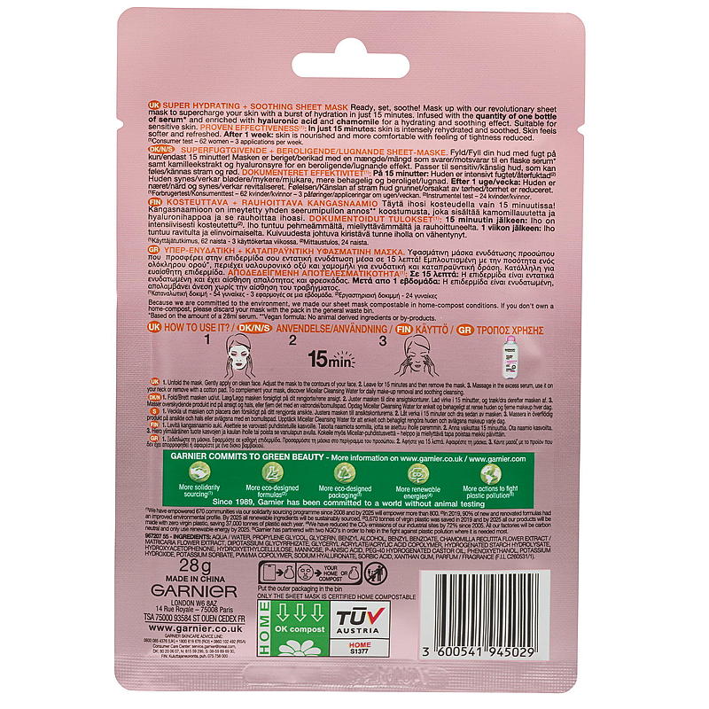 Garnier gezichtsmasker, verzachtend, roze.