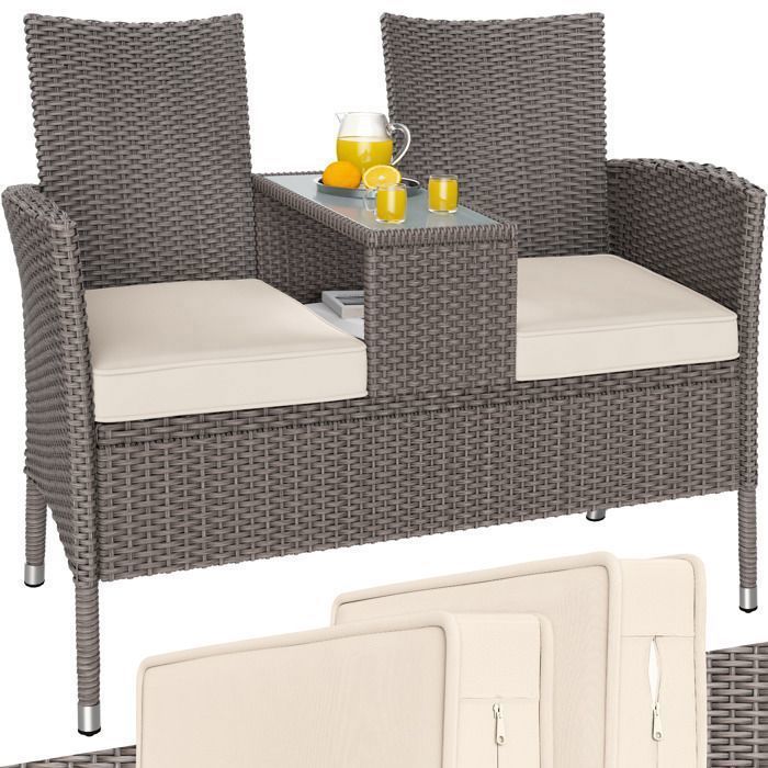 CASARIA® 2-seater polyrattan garden bench with cushions and integrated table, 145 x 58 x 87 cm, outdoor garden furniture, cream
